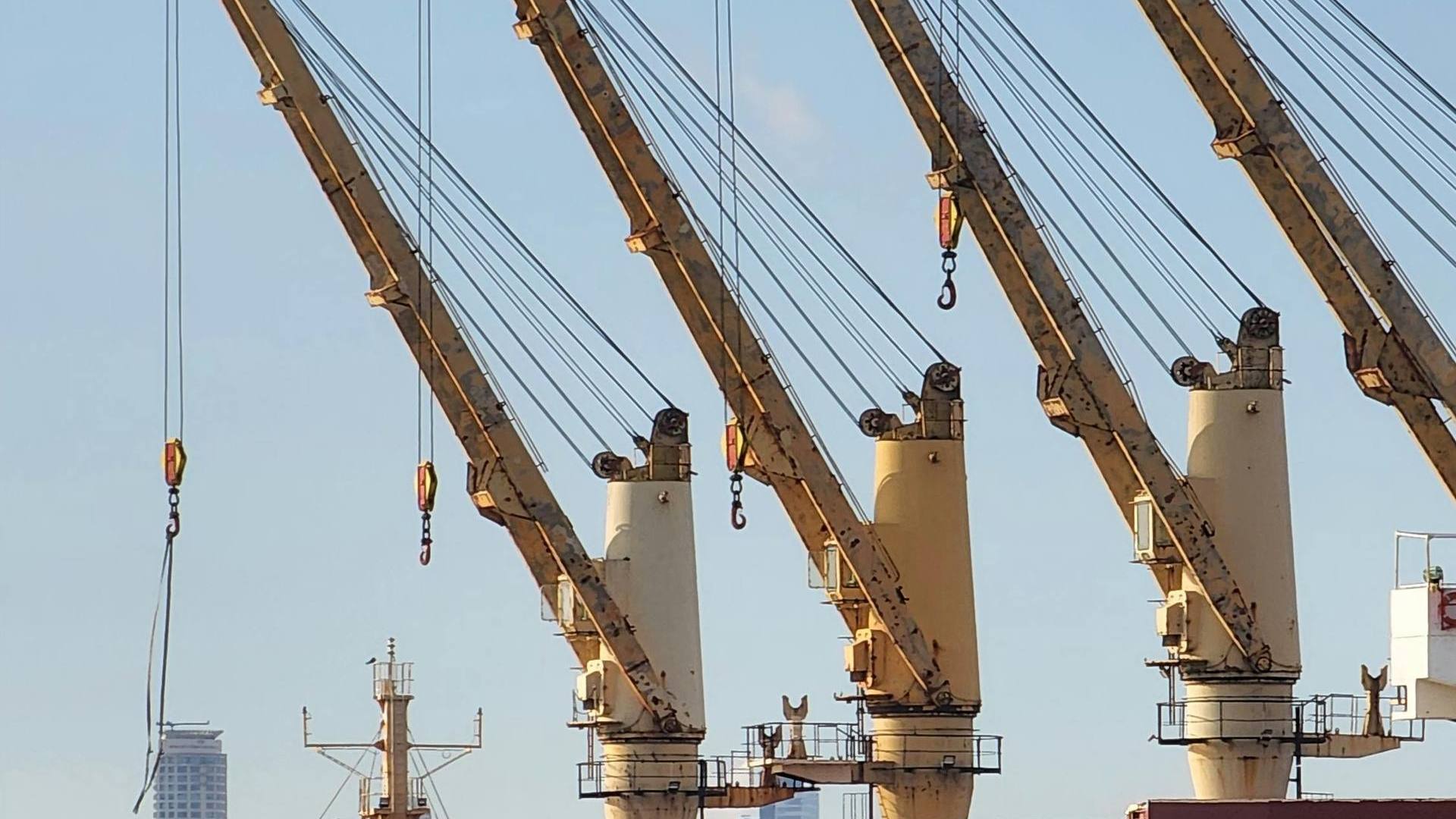 Bulk carrier vessel with deck cranes at port ready for cargo operations